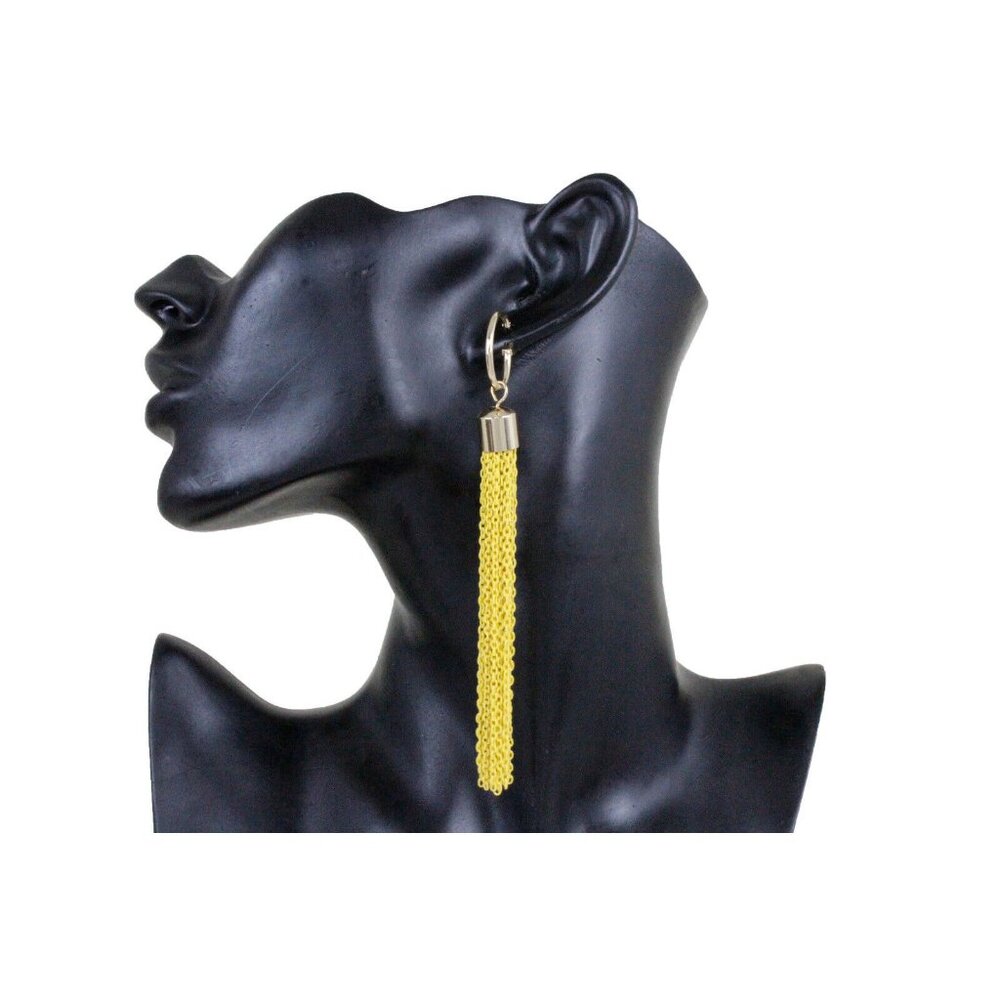 Women Earrings Set Fashion Jewelry Yellow Long Metal Chain Links Tassel Fringes
